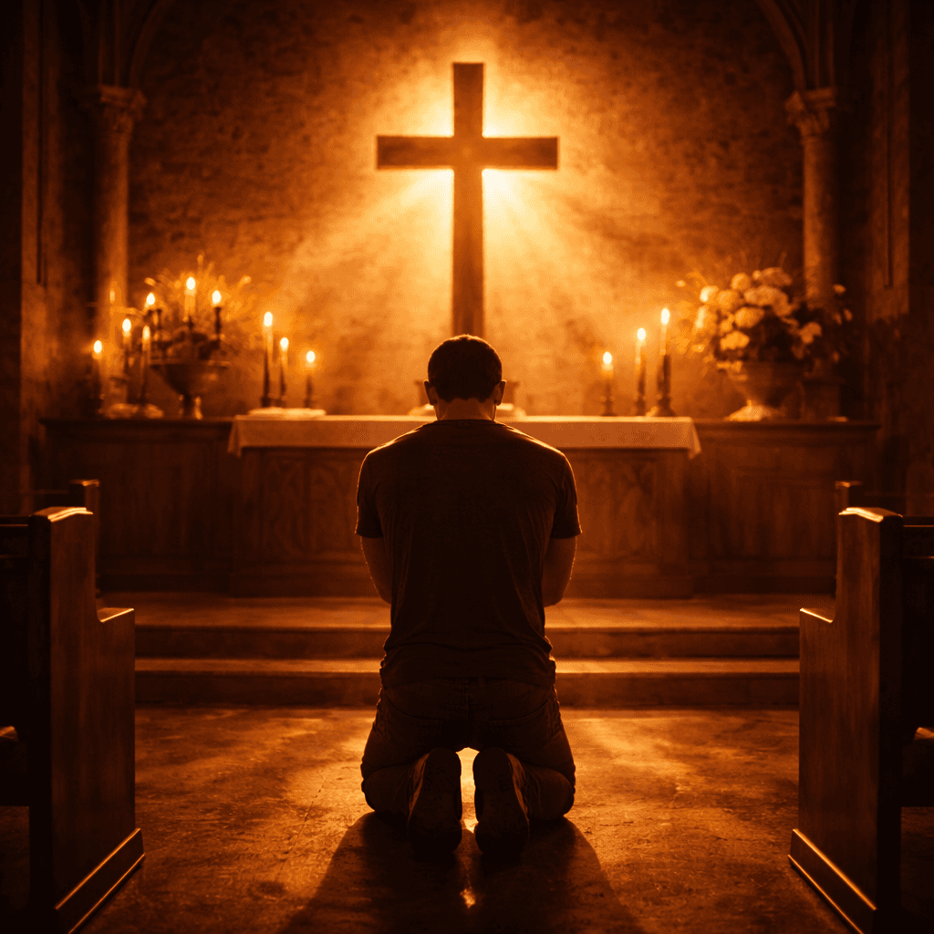 Open Bible resting on a wooden church table illuminated by warm candlelight.