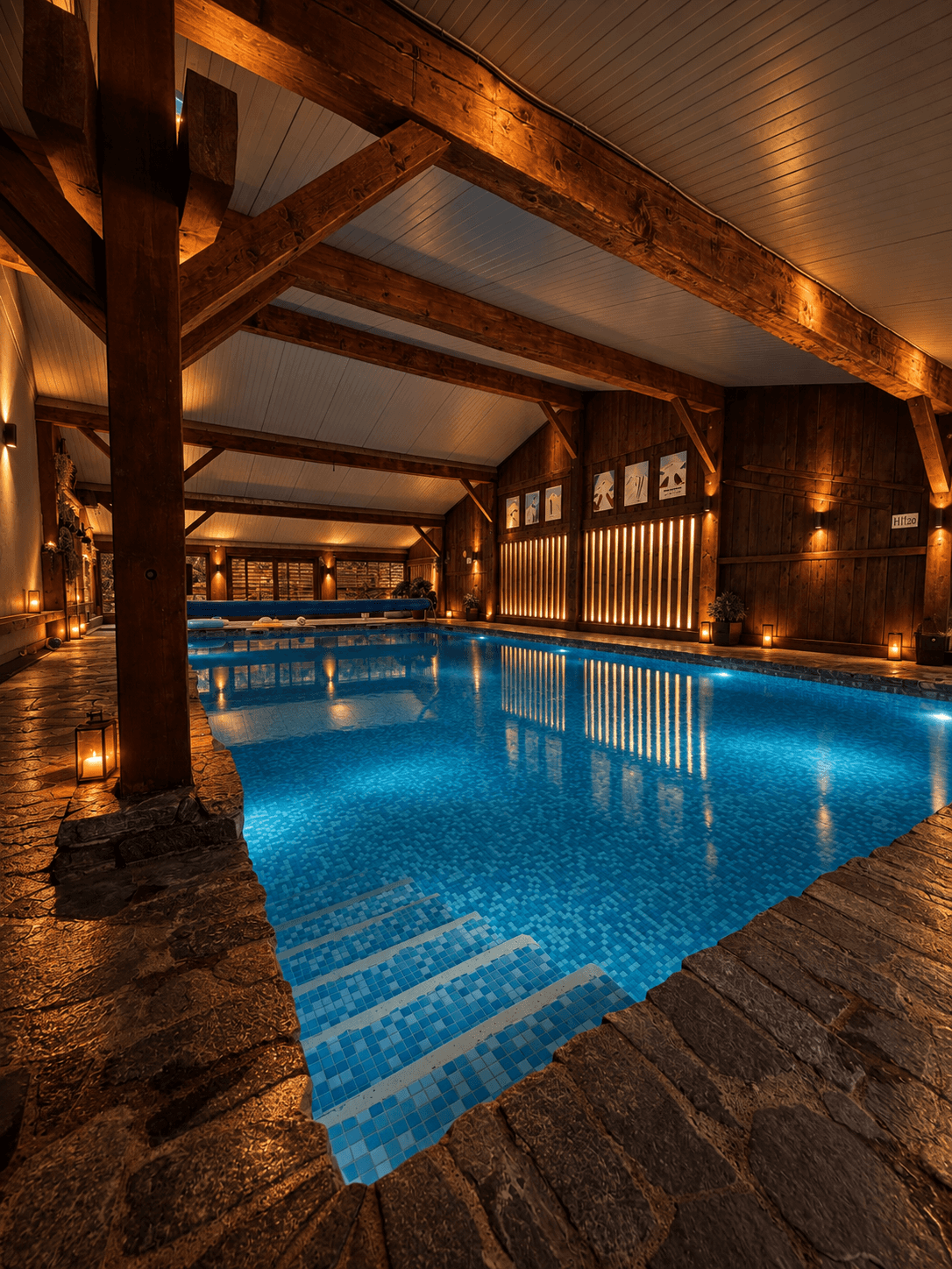 Piscine intérieure de l’Hôtel La Fontaine éclairée avec douceur