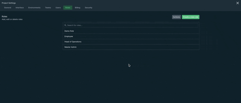 The action to copy roles configuration across environments in Forest Admin.