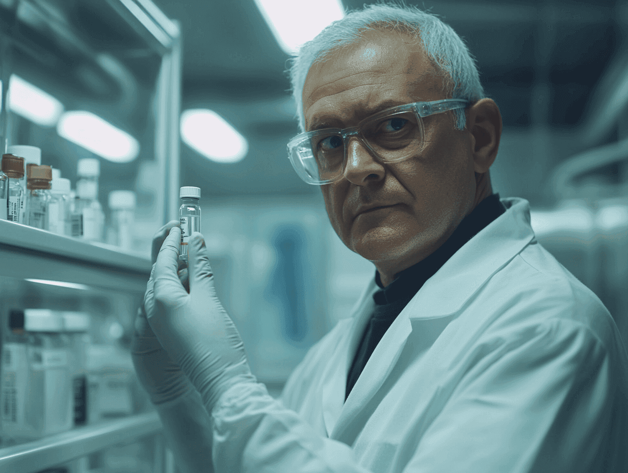 Scientist holding a vial of medicine