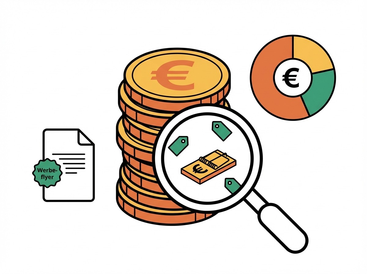 Lupe enthüllt Mausefalle auf Euro-Münzstapel neben Werbeflyer und Diagramm. Symbolbild für versteckte Kostenfallen.