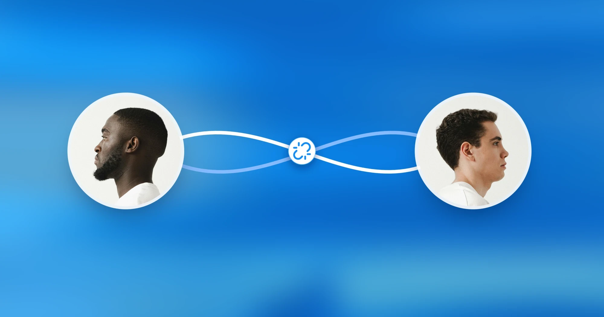 Two people in profile facing away from each other, linked by crossed, tangled lines and a broken-link icon, illustrating workplace miscommunication