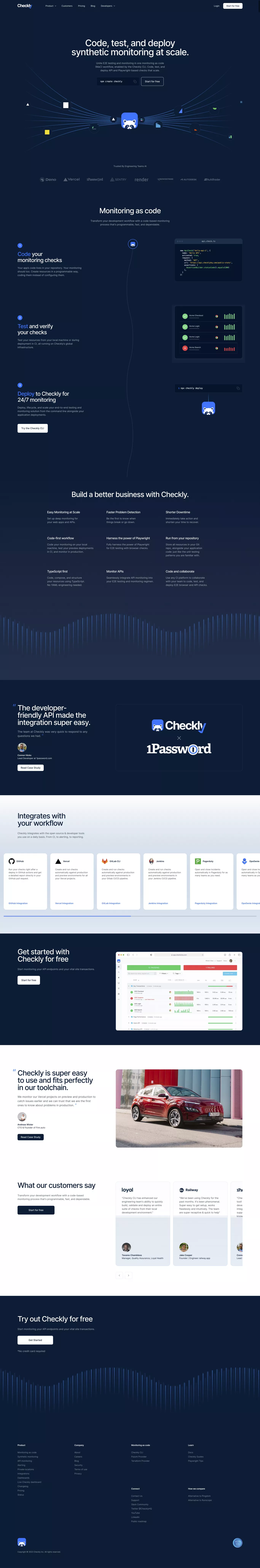 Code, test, and deploy synthetic monitor landing page screenshot showcasing Tech design