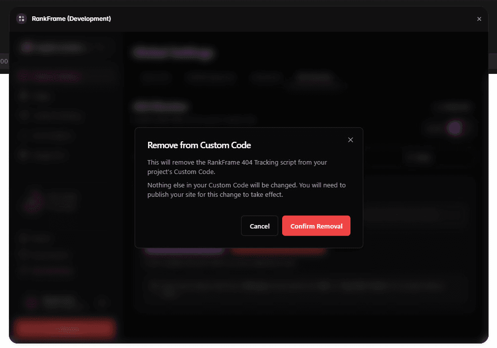 Confirmation dialog before removing RankFrame code from Custom Code