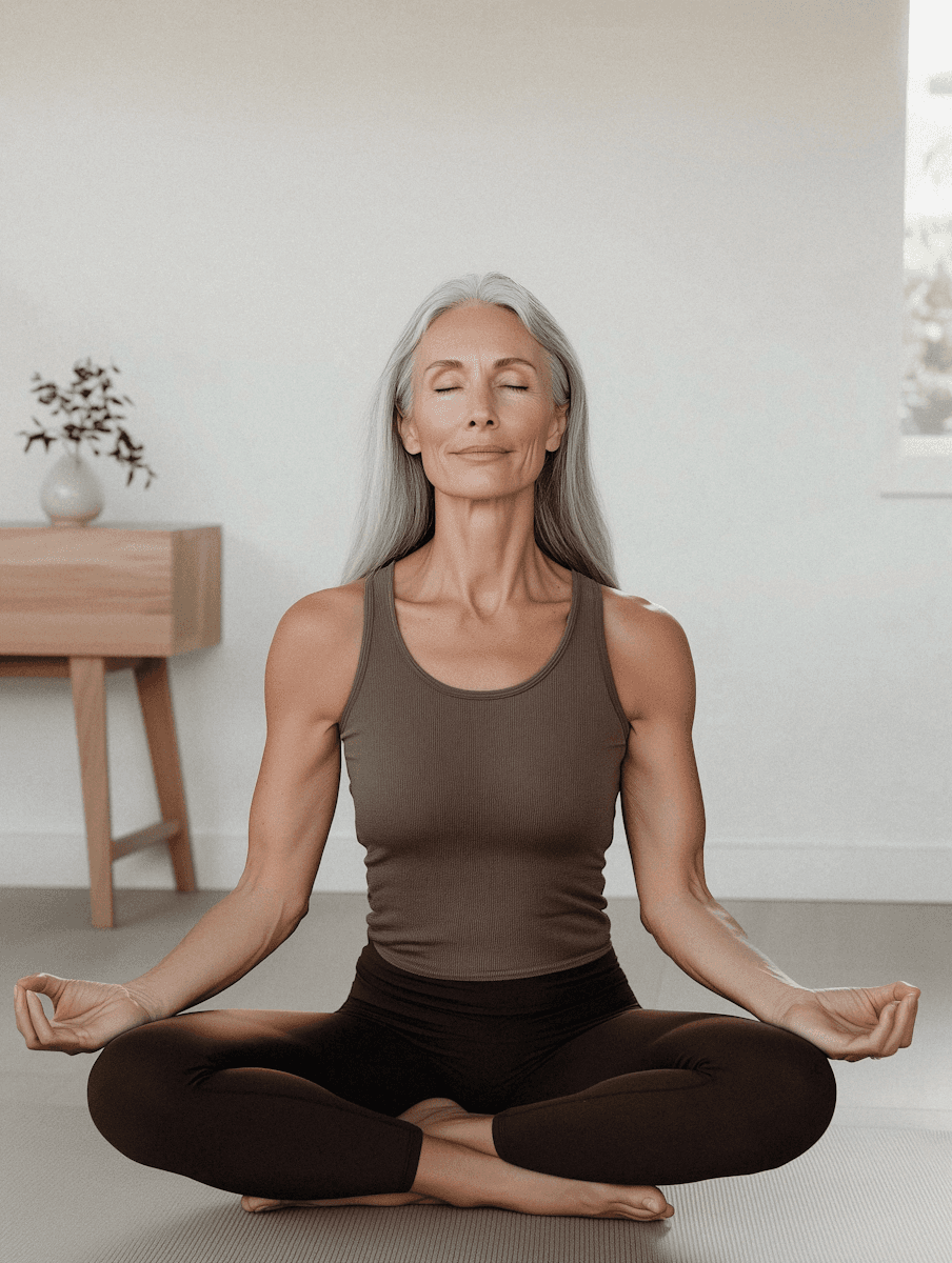 A serene woman with long gray hair practices yoga in a minimalist room. Sitting cross-legged, eyes closed, and wearing a brown outfit, she exudes tranquility.