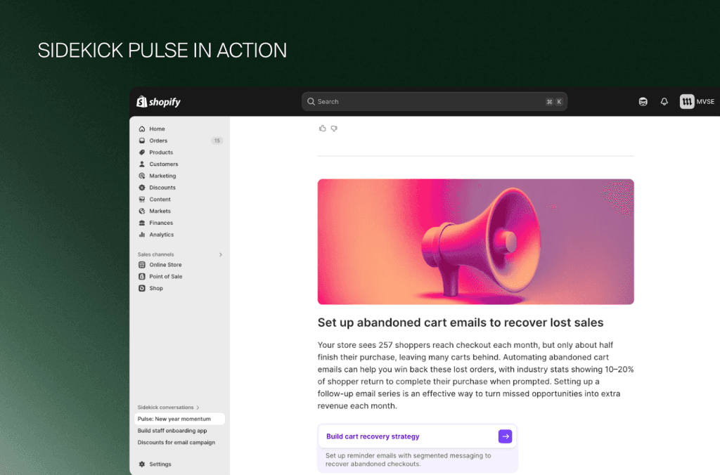 Sidekick Pulse empfiehlt im Shopify Admin Warenkorbabbrecher-Mails, um verlorene Umsätze zurückzuholen