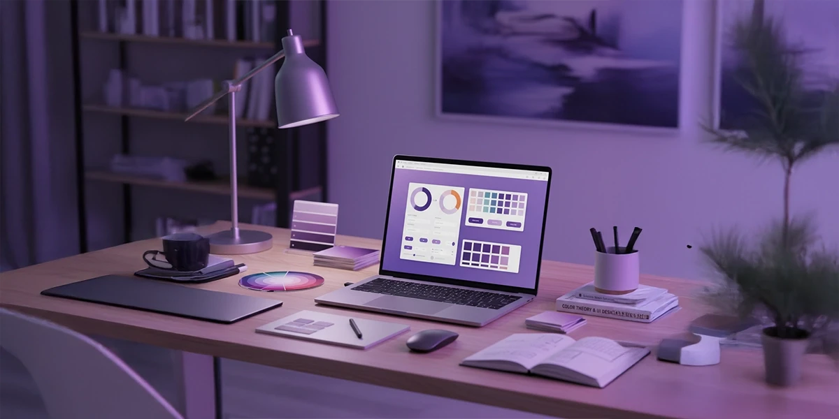A modern UI/UX design workspace bathed in soft purple light, featuring a laptop displaying color palettes and interface mockups, along with design tools and books on color theory.