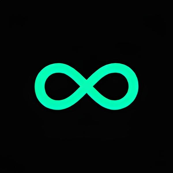 A minimalist graphic featuring a teal-colored infinity symbol ($\infty$) centered on a solid black background. The symbol has a smooth, rounded matte finish with a consistent line weight throughout.