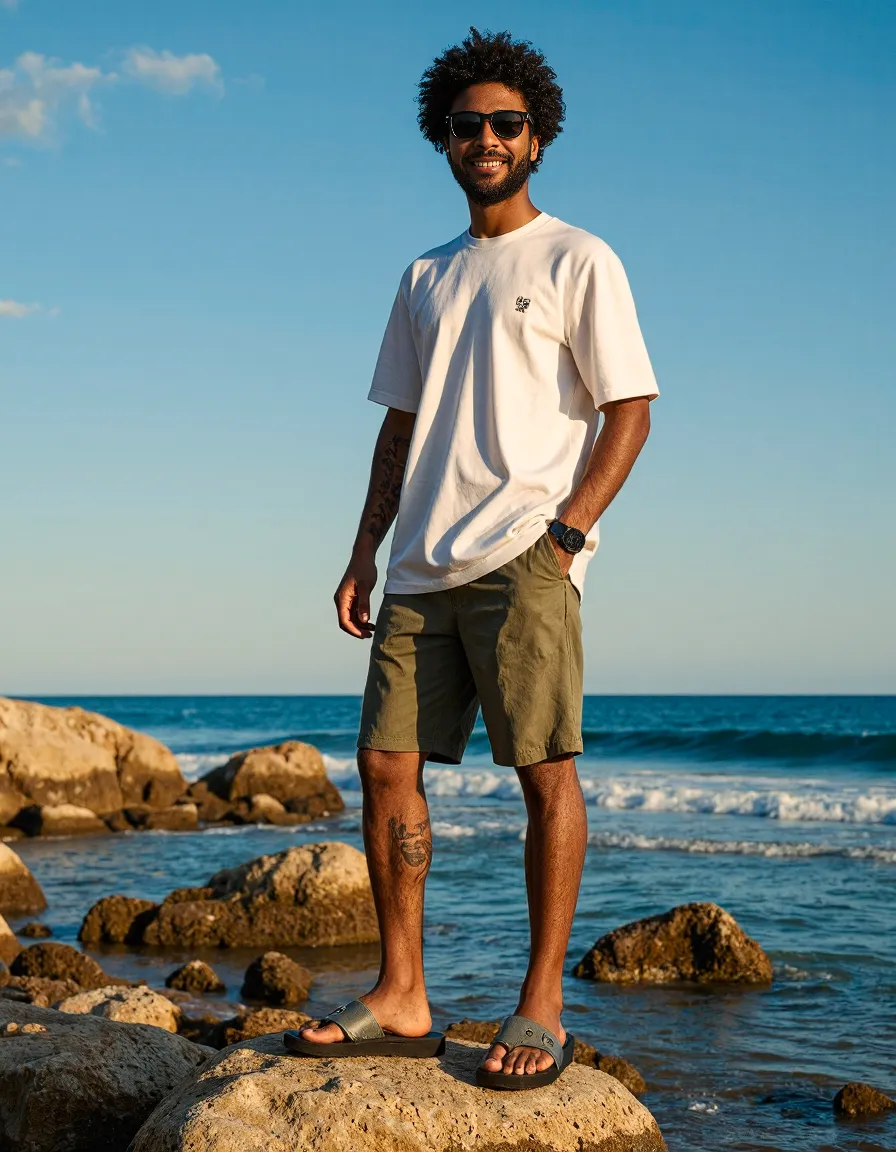 Person in white t-shirt and olive shorts standing on rocky beach at golden hour, ocean waves in background, casual summer style