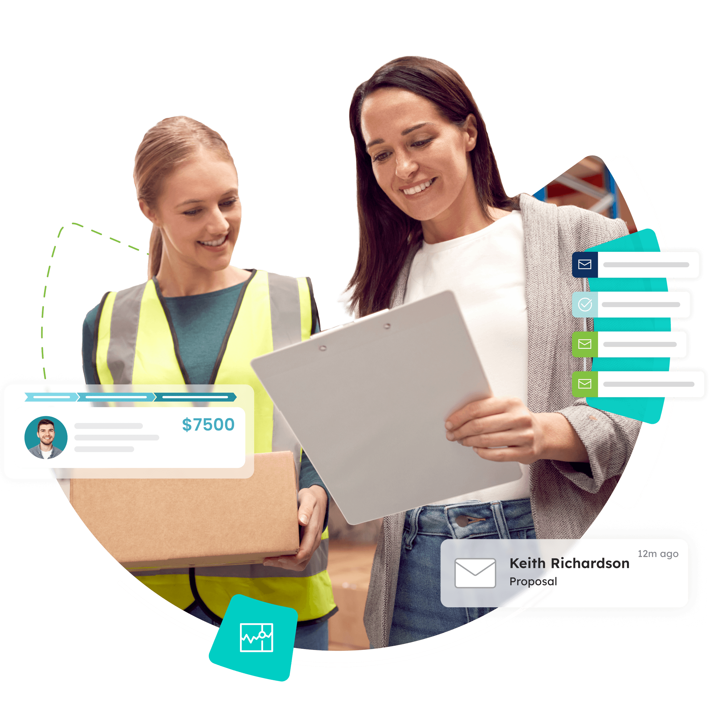 Image of 2 ladies surrounded by marketing related graphic elements.