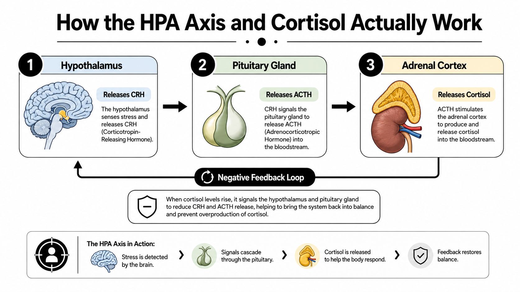 A diagram explaining the HPA axis pathway, showing how the hypothalamus, pituitary gland, and adrenal cortex interact.