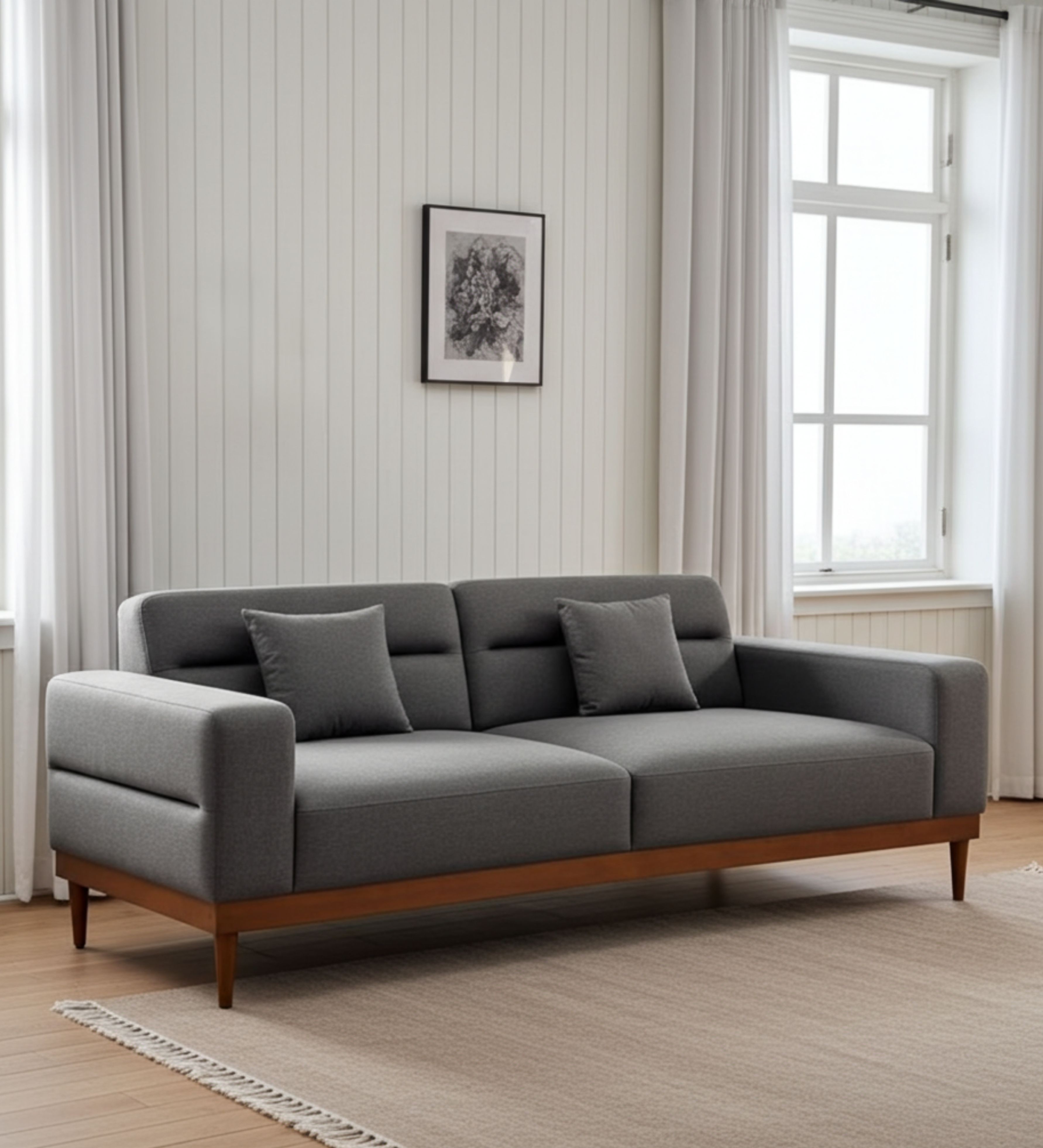 Plum velvet 3-seater with channel tufting and gold-toned legs.