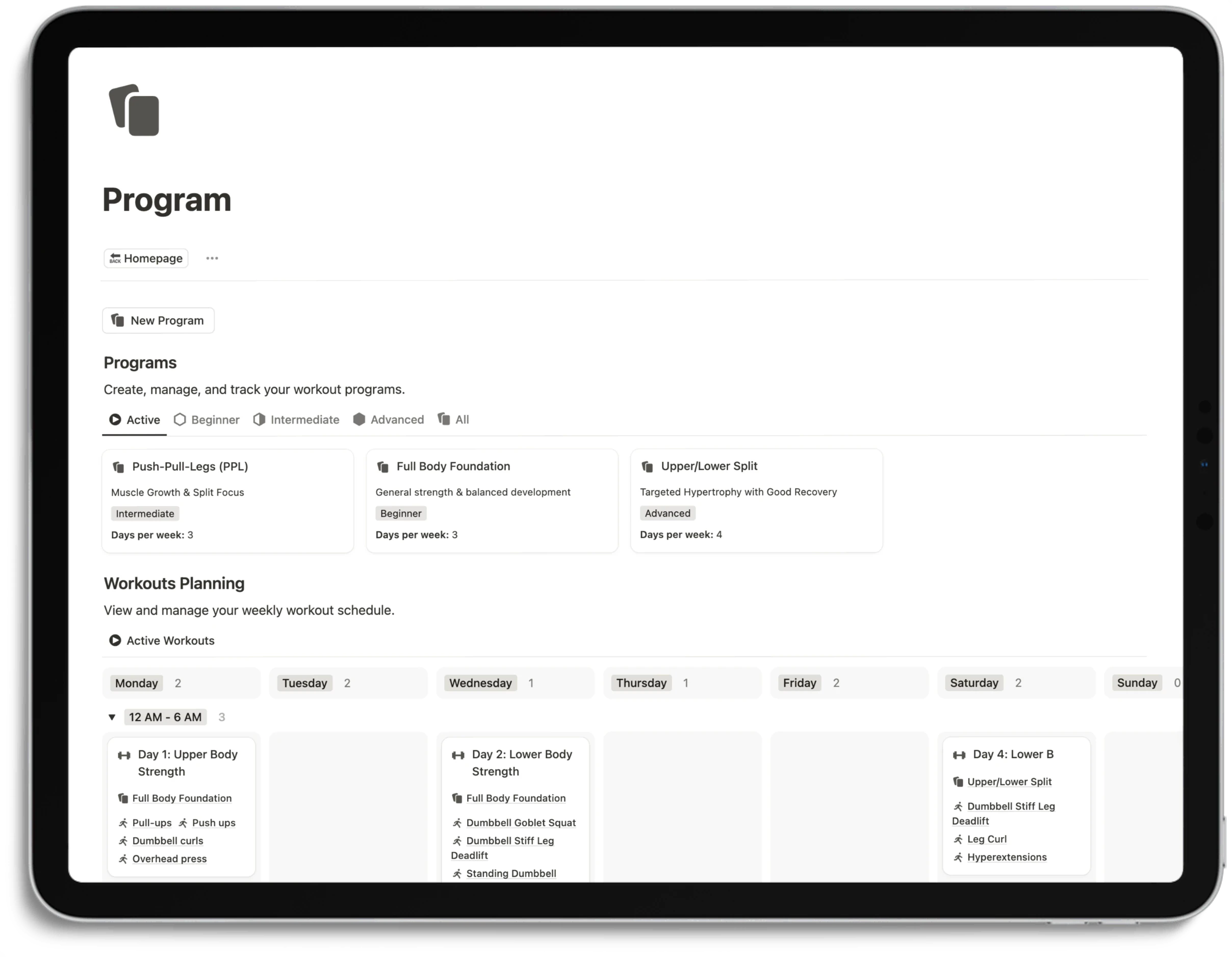 Notion Workout Tracker - Program
