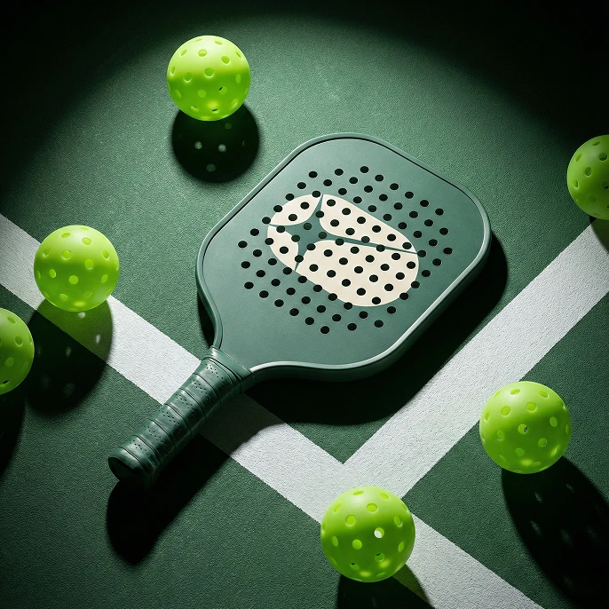 A forest green pickleball paddle with the sand Action Replay icon, lying on a green court among lime pickleballs.