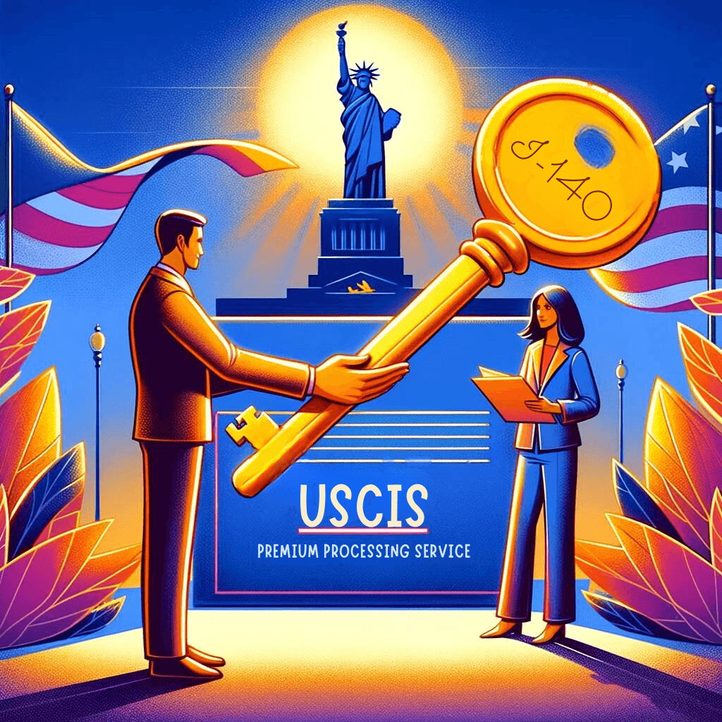 A stopwatch symbolizing speed and urgency in the foreground with blurred U.S. immigration documents and an I-140 form in the background, representing the fast-tracking of visa applications through premium processing.