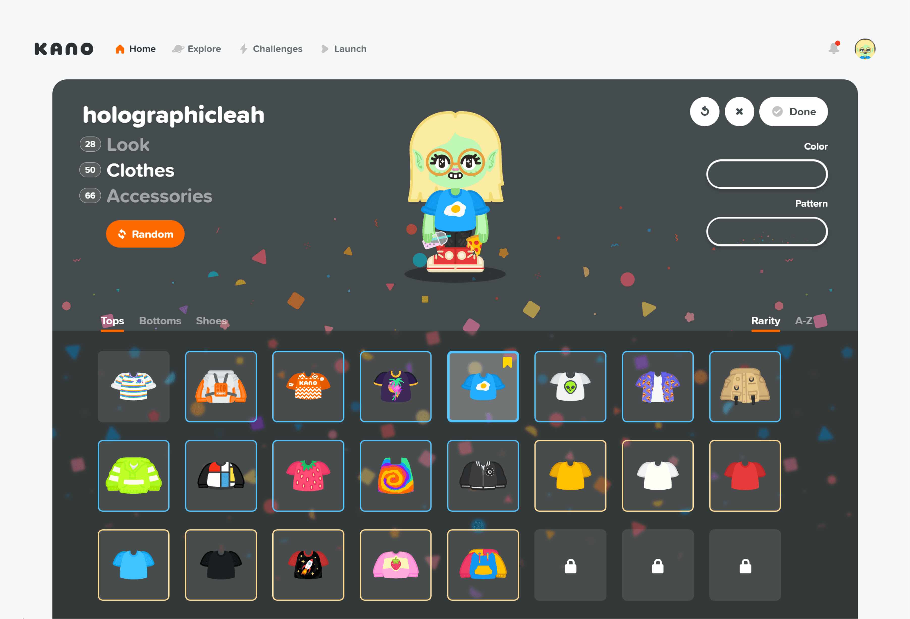 A screenshot of an avatar editing screen, showing multiple colourful and fun tops for the character.