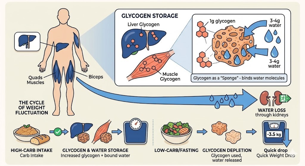 A detailed medical infographic illustrating how glycogen in the muscles and liver binds with water molecules, causing weight fluctuations during high-carb and low-carb diets.
