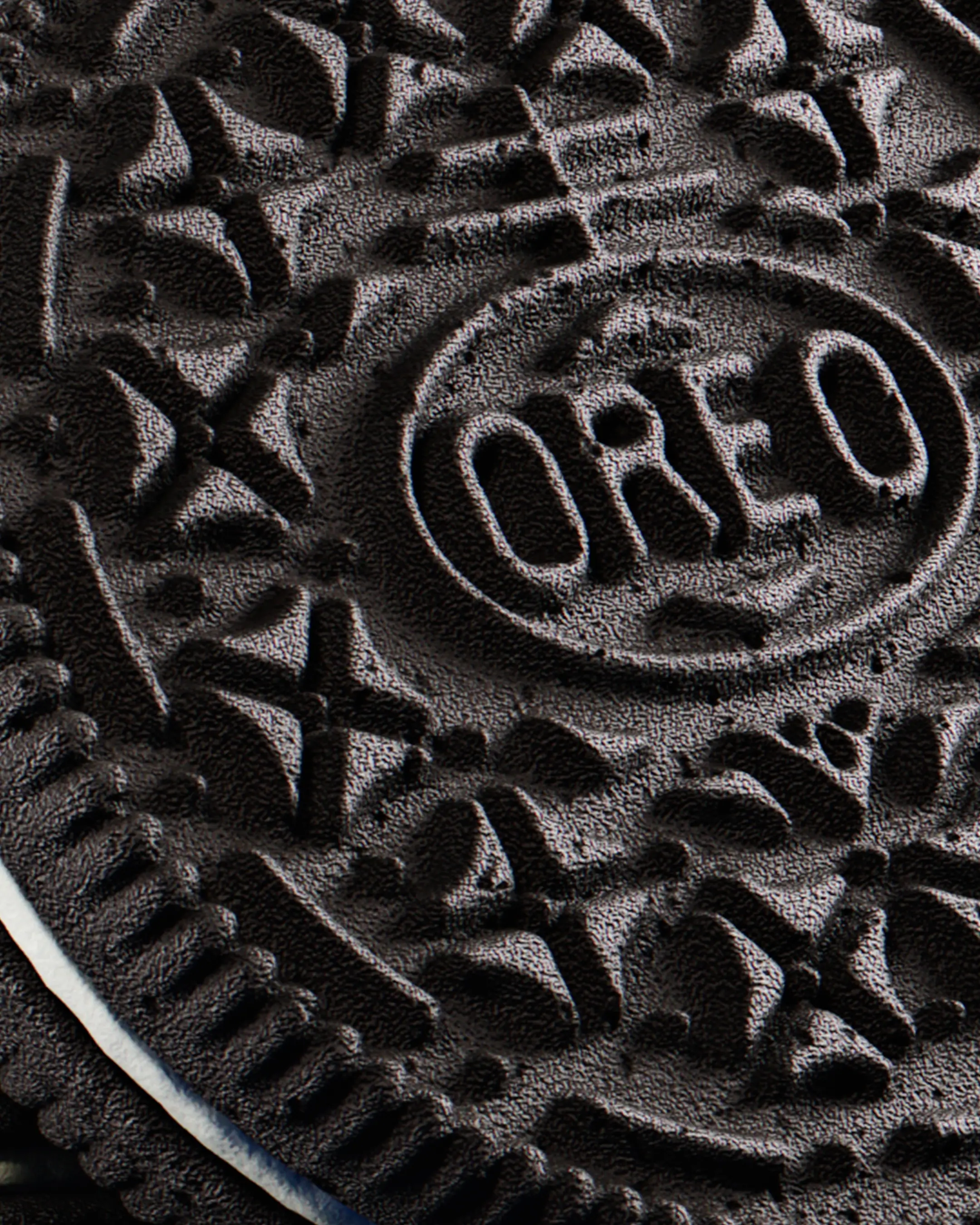Ultra-detailed top-down macro view of the Oreo wafer pattern, showcasing realistic procedural displacement and material grain.