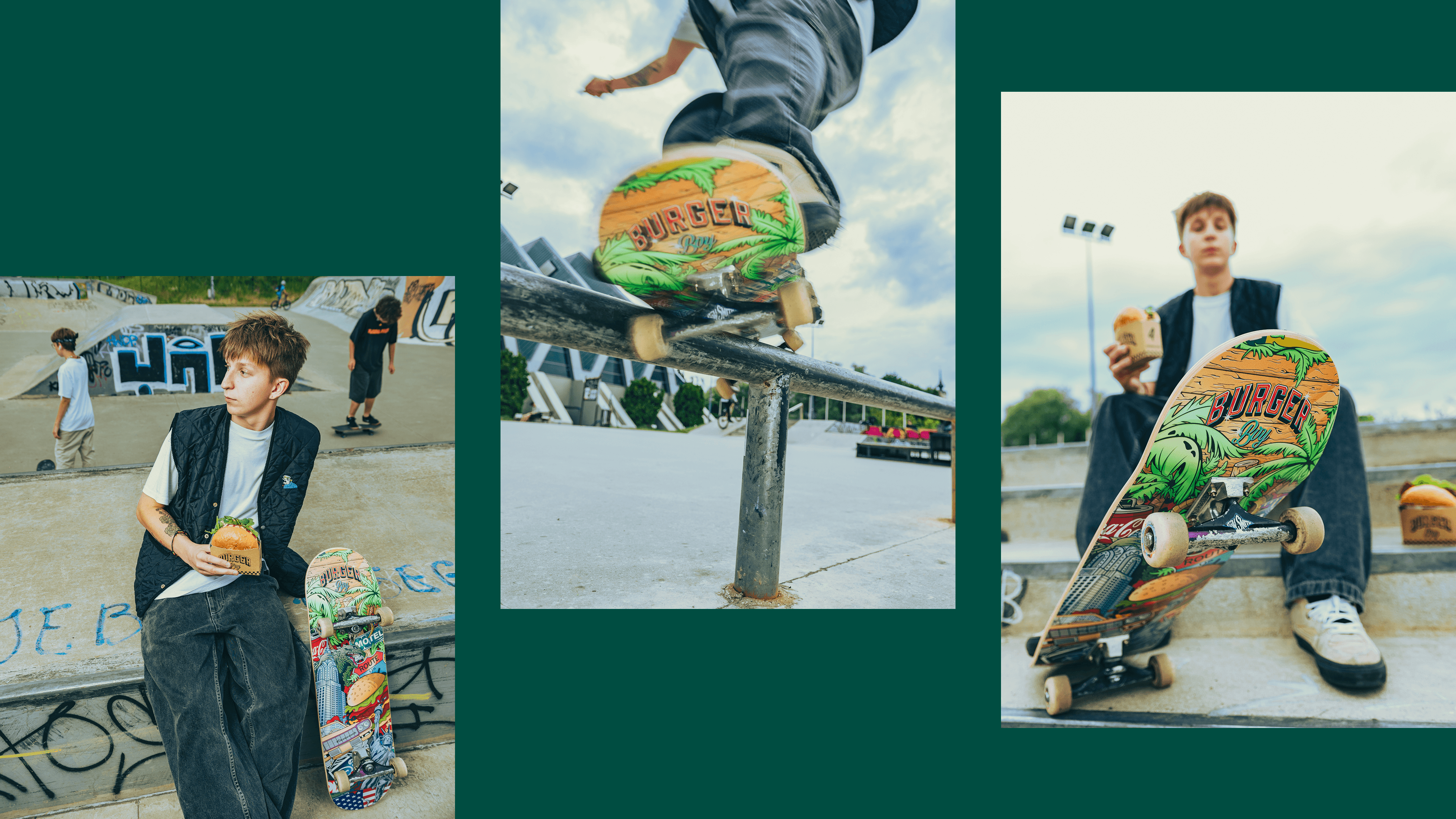 Boy on a skateboard holding a burger