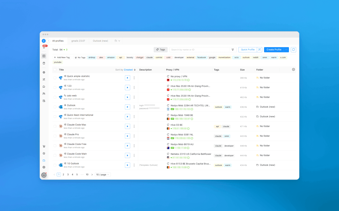 Lista de perfiles de Octo Browser