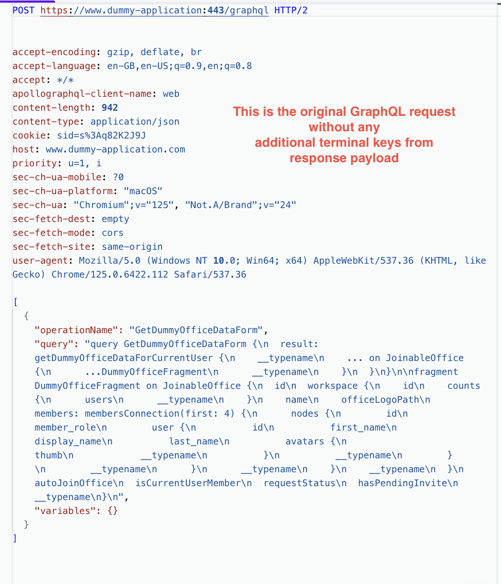 This is the original GraphQL request without any extra terminal keys from the response payload.