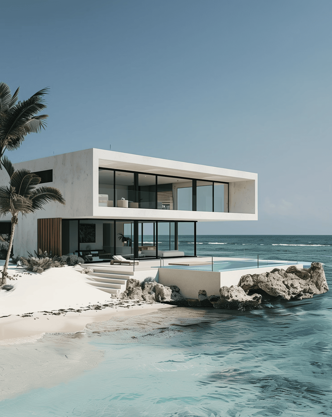 Modern beachfront villa above clear ocean water with coastal views