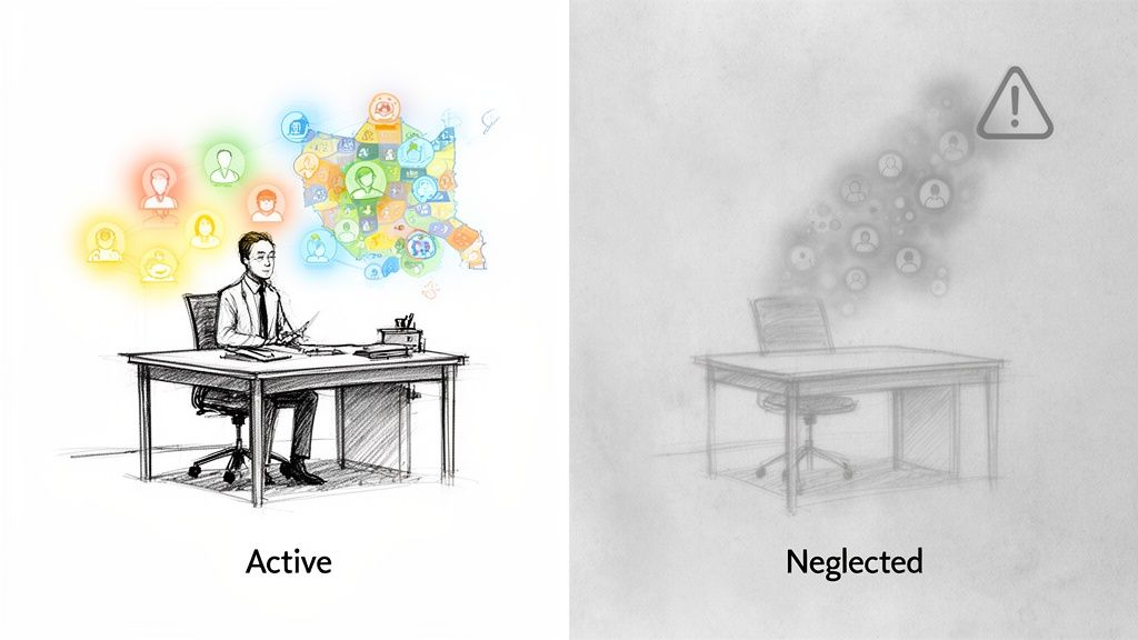 Two sketches contrasting active management with a vibrant network against a neglected, fading one.