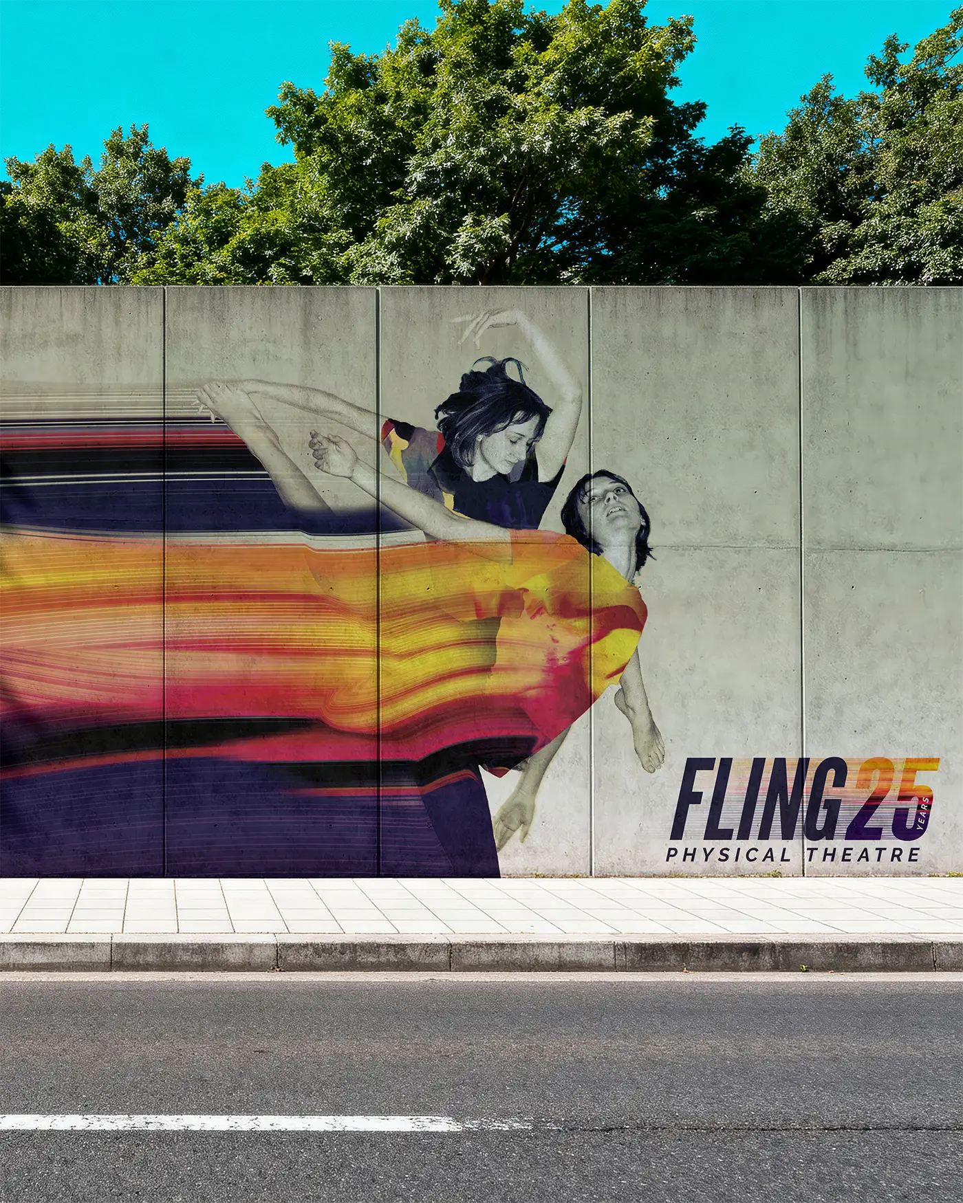 Fling Physical Theatre graphic design on billboard.