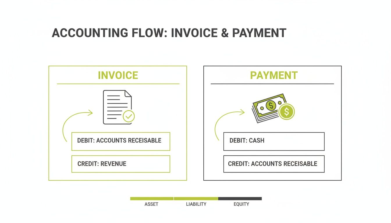 Diagram illustrating the accounting flow for invoicing and payment, detailing debits and credits.