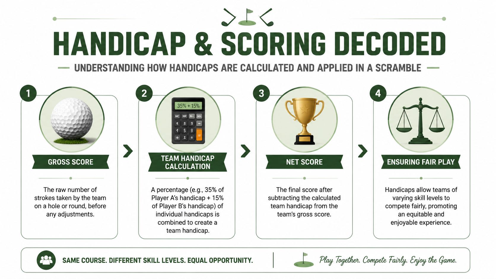 An infographic titled Handicap and Scoring Decoded explaining the four steps to calculate a golf scramble score.