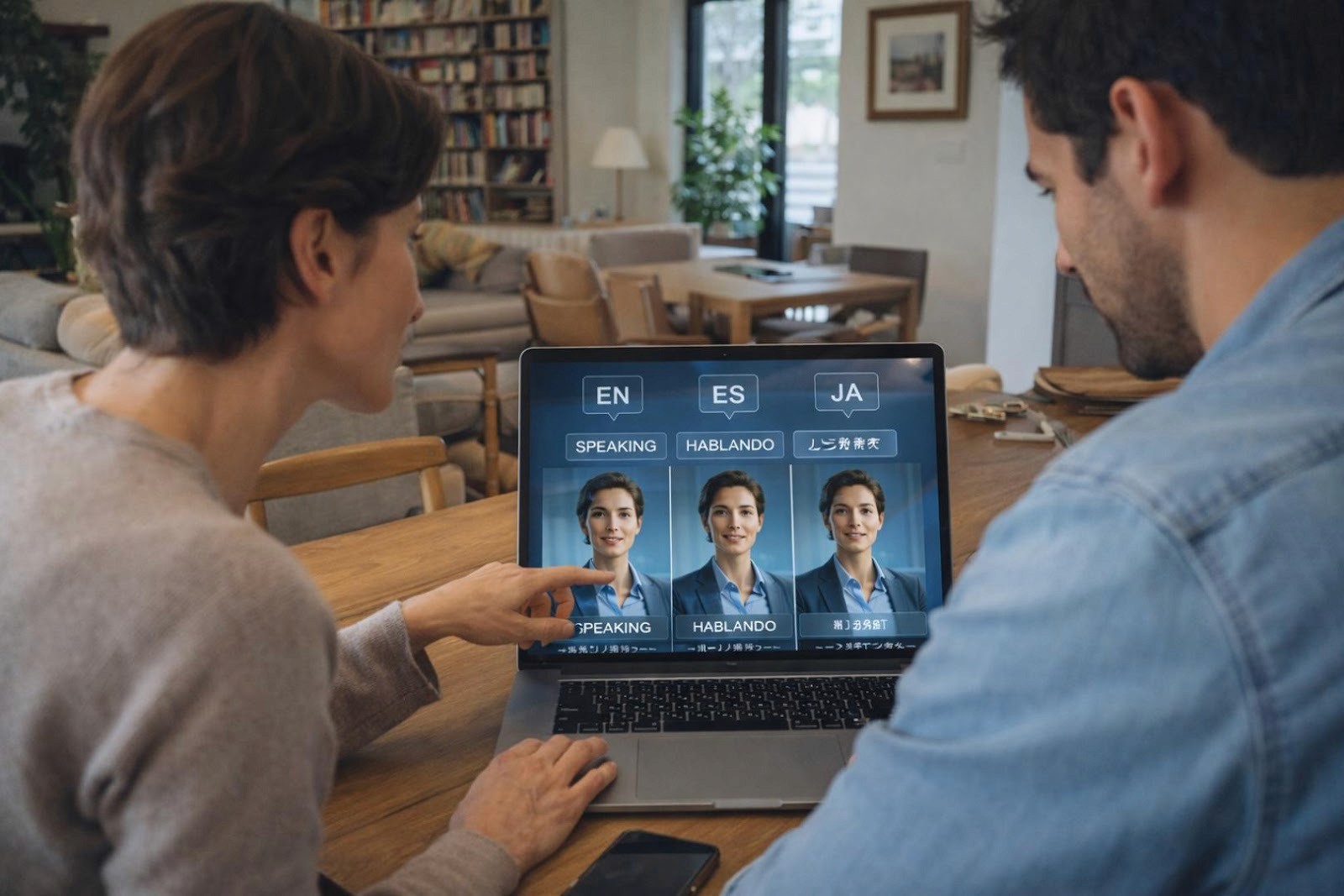 Corporate team reviewing a leadership announcement translated into multiple languages using video translation technology