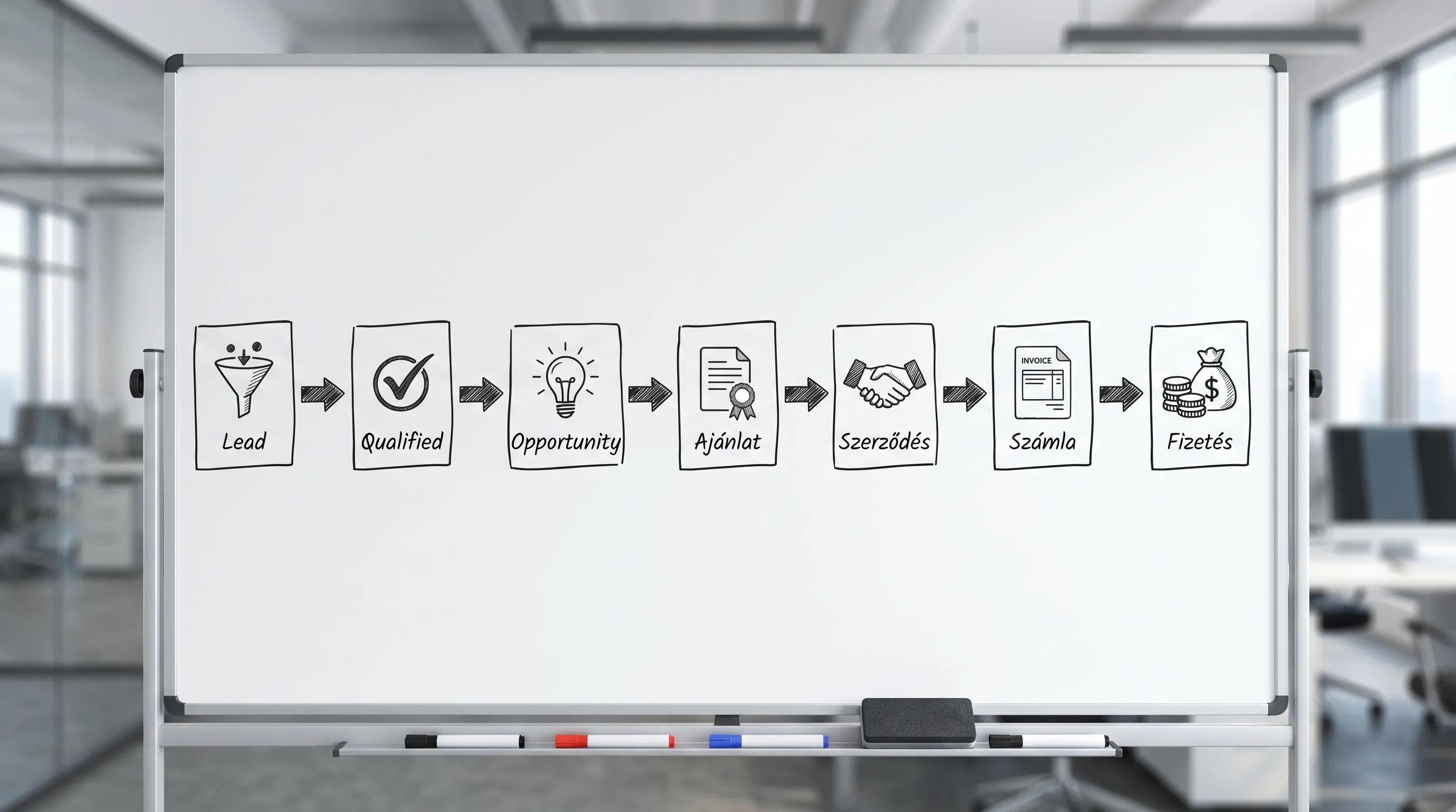 Egyszerű folyamatábra a B2B értékesítési folyamatról: Lead, Qualified, Opportunity, Ajánlat, Szerződés, Számla, Fizetés. Minden lépéshez egy rövid ikon és egy nyíl kapcsolódik.