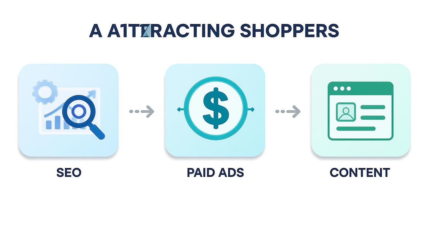 Diagram illustrating a marketing strategy for attracting shoppers, detailing SEO, paid ads, and content.