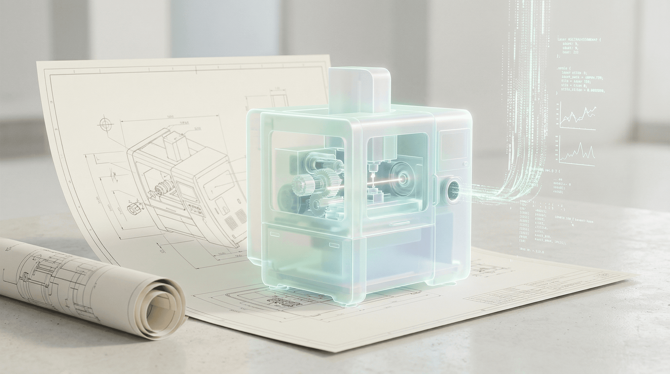 A holographic digital twin visualization of an industrial machine displayed alongside engineering blueprints — illustrating how OEMs transform CAD files into interactive 3D product experiences — Penguincil Design
