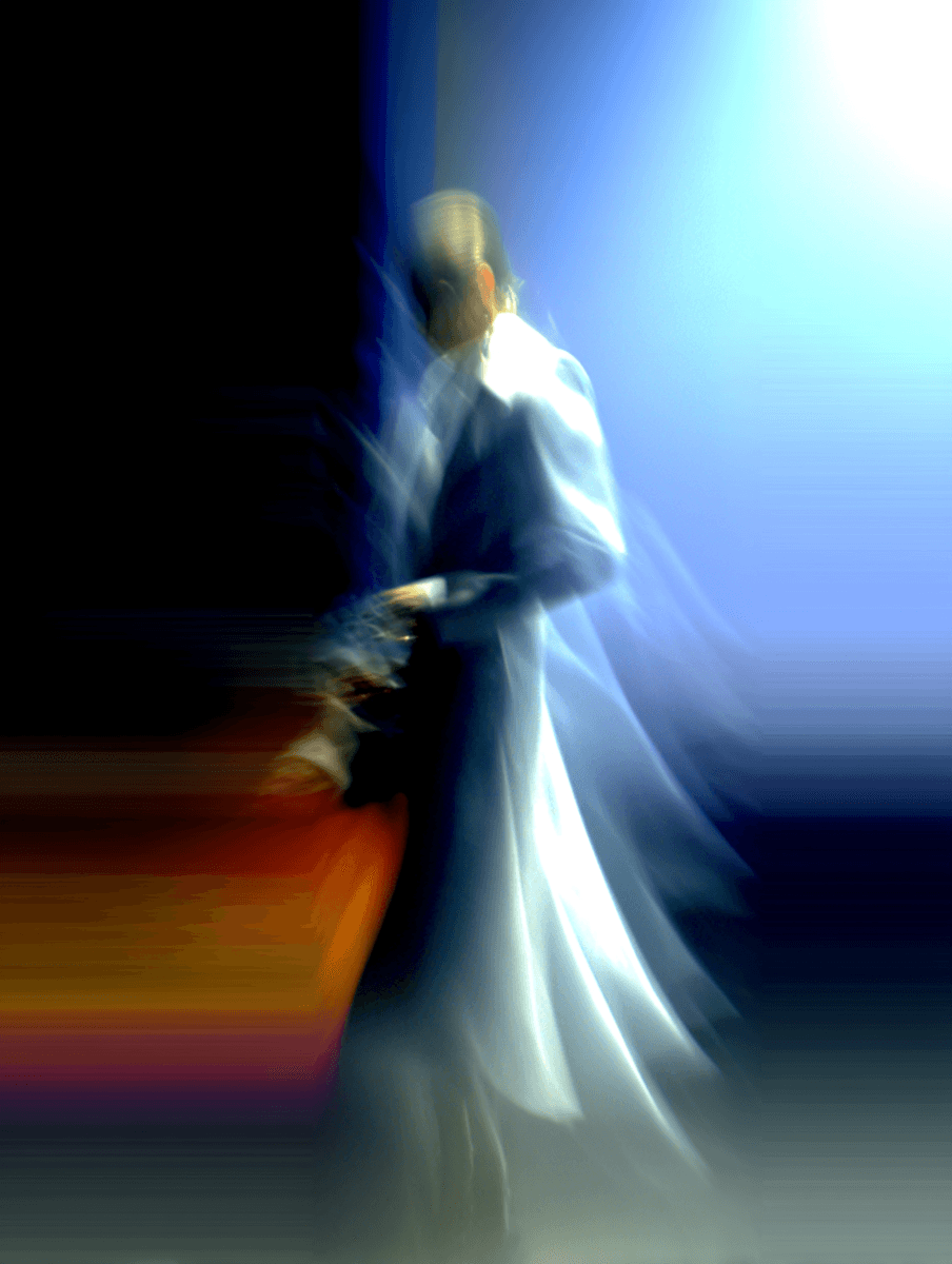 A figure in a flowing garment moves gracefully through a gradient of vibrant colors, blending light and shadow.
