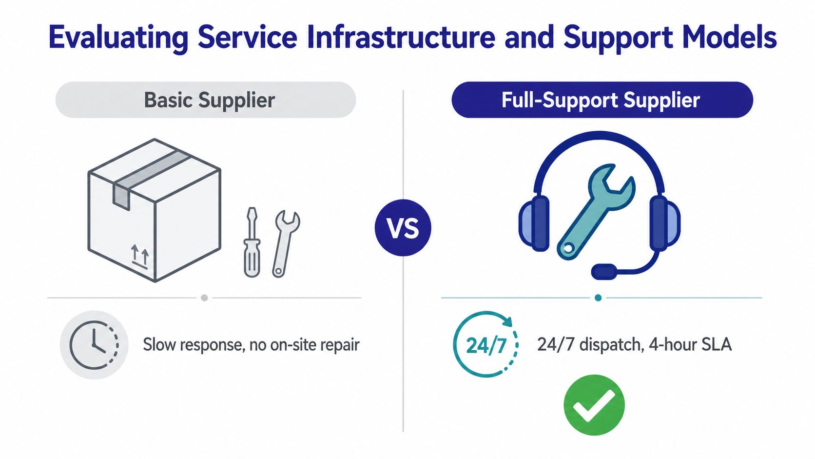 A comparison chart showing the differences between basic suppliers and full-support suppliers for business service infrastructure.
