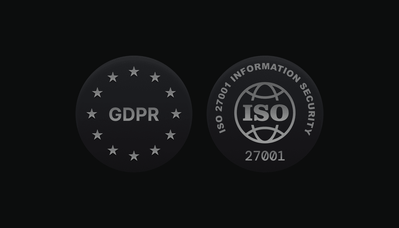 Circular badges featuring the GDPR logo surrounded by stars and the ISO 27001 Information Security certification are prominent, emphasizing data protection and compliance and highlighting the commitment to security of Cosmos Solutions in aviation for airlines.