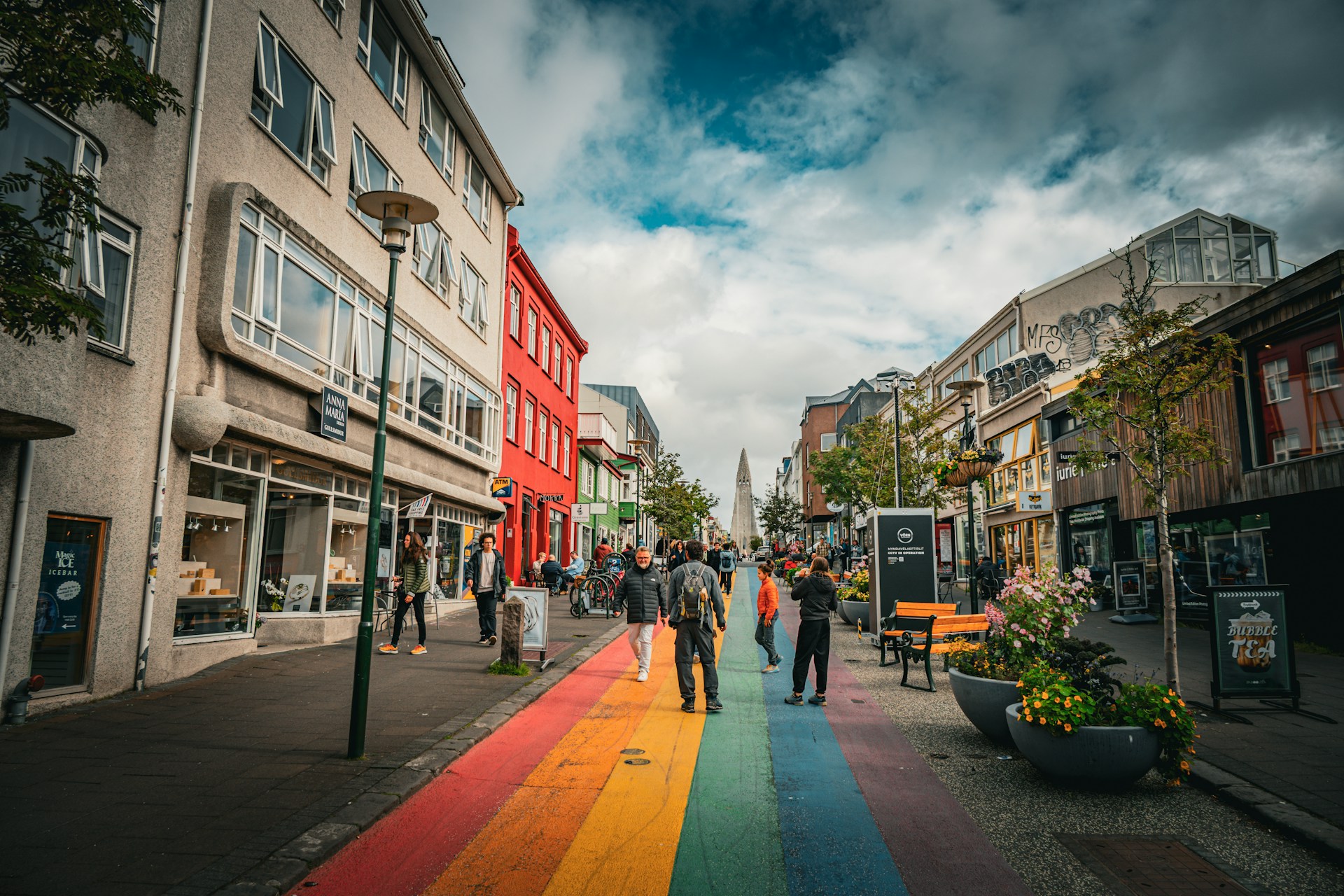 Reykjavik city center showcases the colorful Skolavordustigur rainbow street.