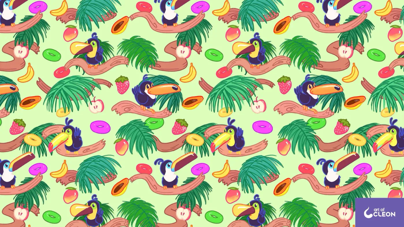 Touc Fruits repeat on a pale green ground, with the same toucans, branches, palm fronds, fruit, and colored cereal rings.