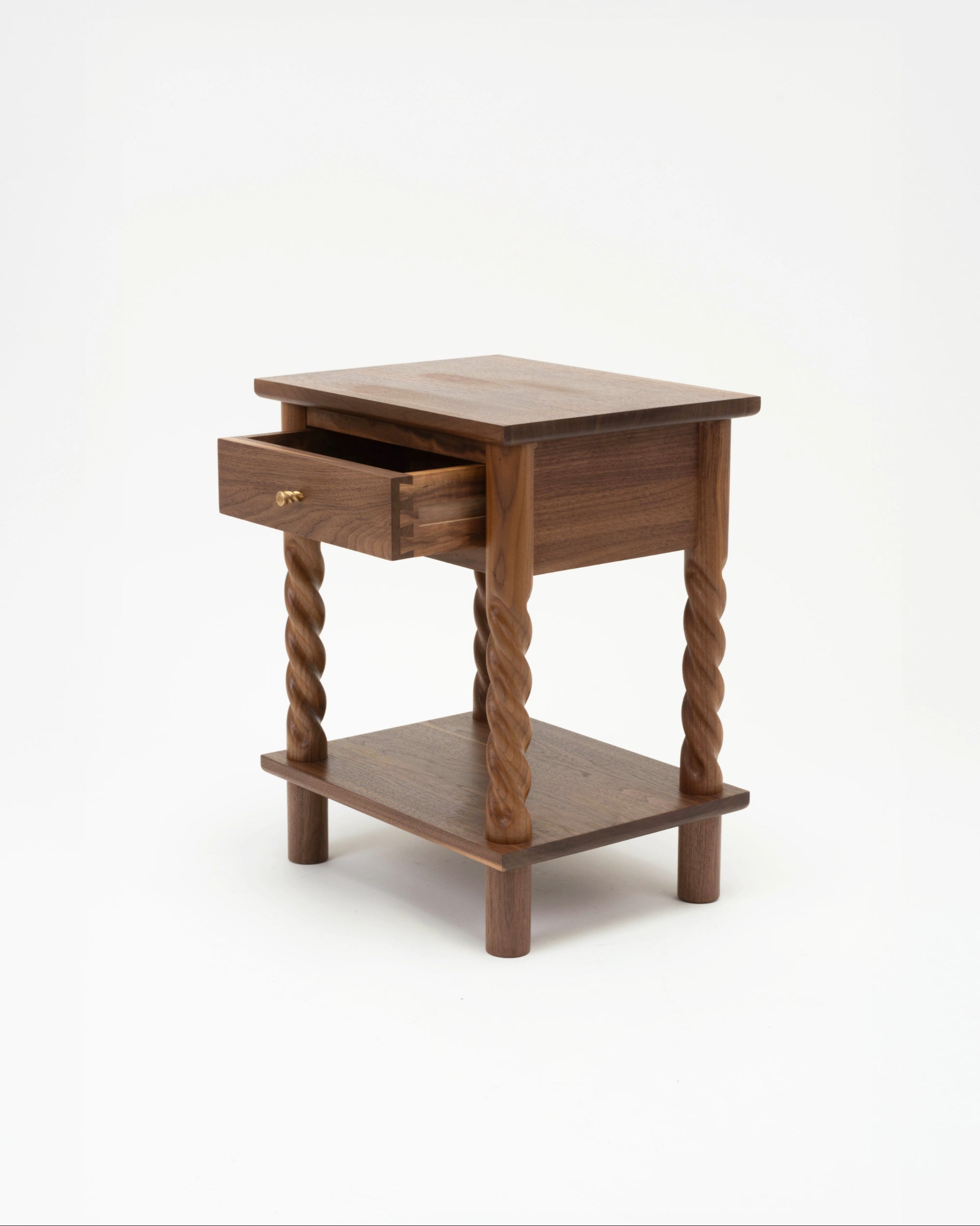 Handmade 99 Bedside Table in walnut with drawer on white background