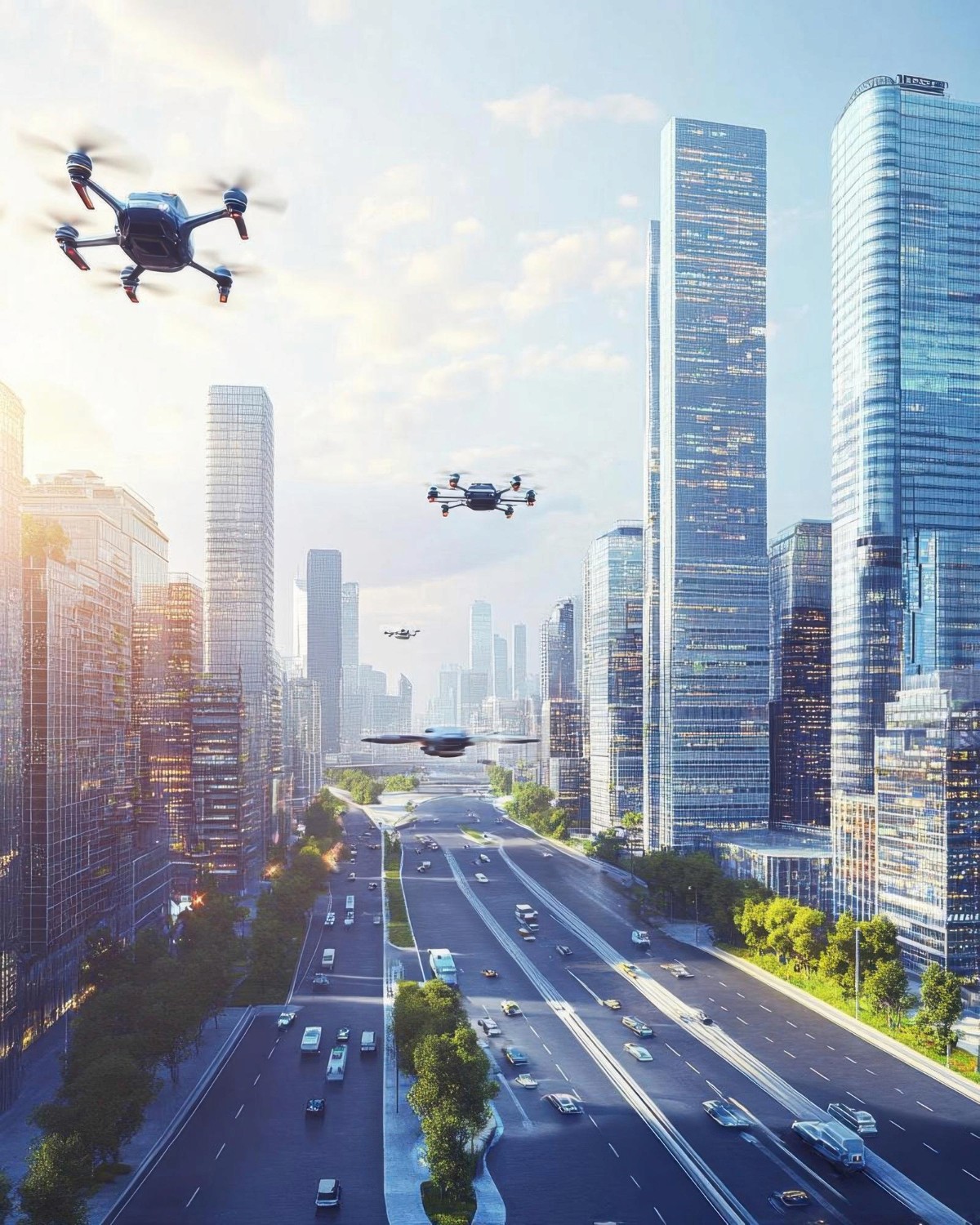 無人機配送城市場景 Delivery drone flying over urban area