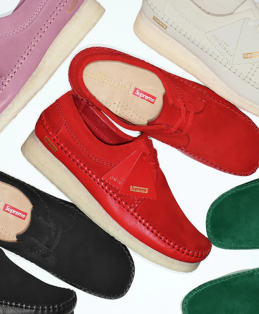 Clarks Originals × Supreme Wallabee collaboration shown across multiple colourwaysv