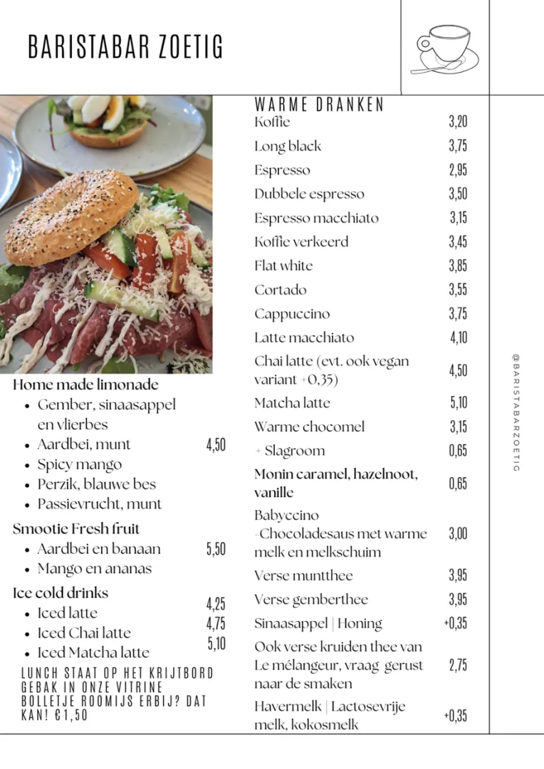 Menukaart Baristabar Zoetig