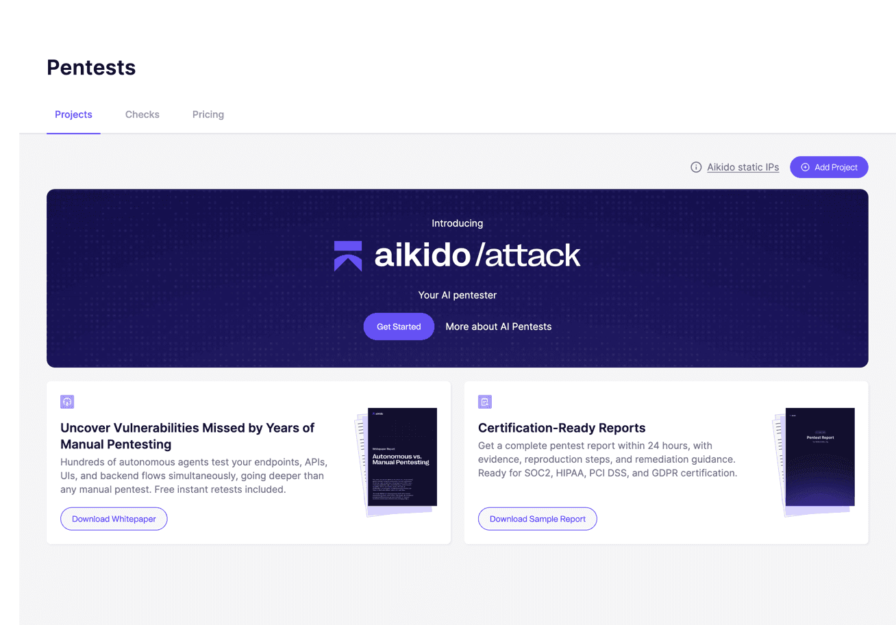 Aikido AI Pentest page describing autonomous agents and a certification-ready SOC 2, HIPAA, PCI DSS, and GDPR report within 24 hours