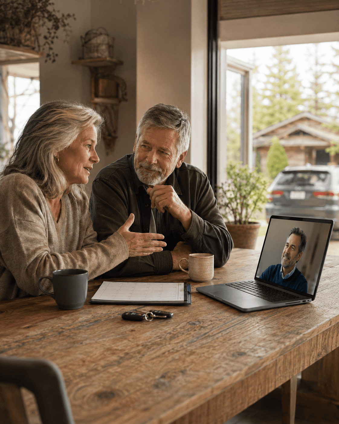 An older couple and their adult daughter having a relaxed DOSHI video discovery conversation at home