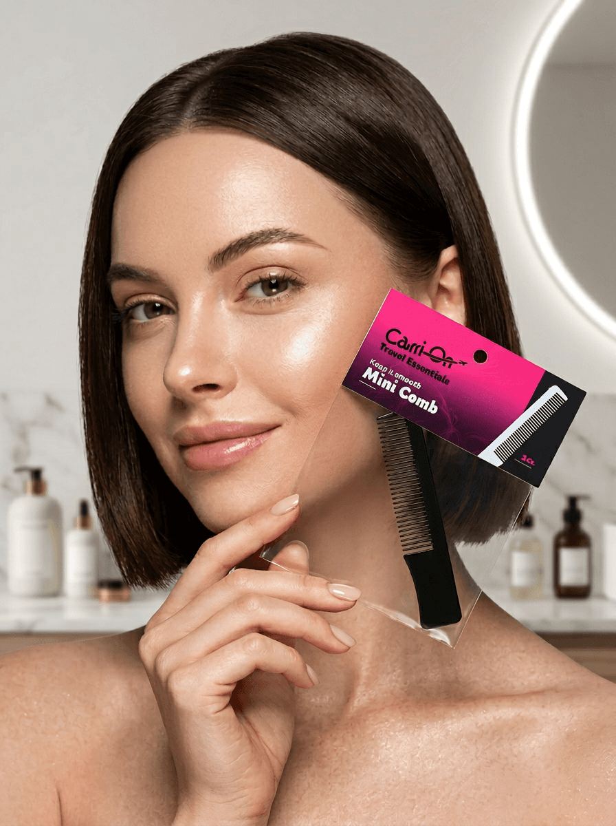 A super cosmetic ad looking photo of a woman holding the header bag containing the mini comb up to her face at an angle.