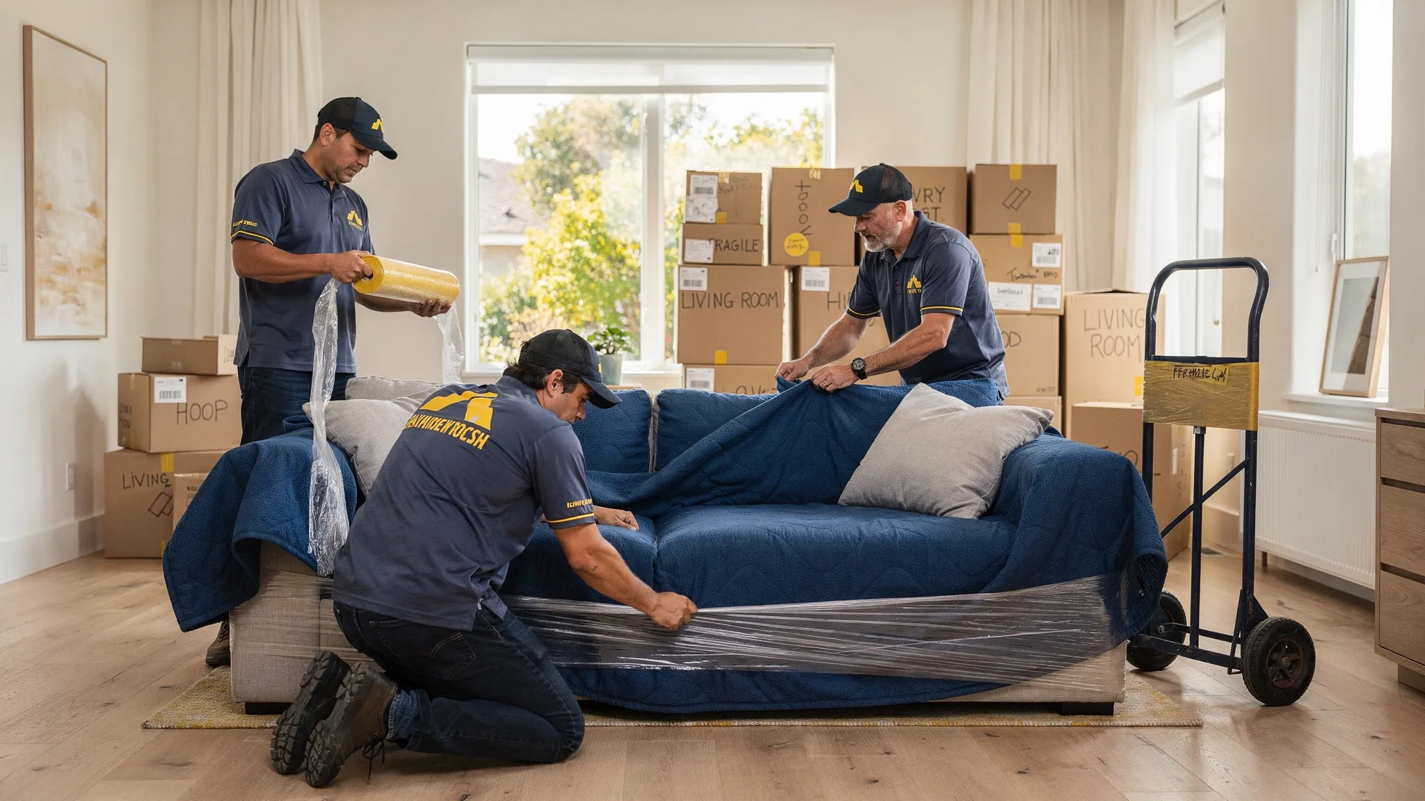 A professional moving crew in a California home wrapping furniture with moving blankets and stretch wrap, with labeled boxes stacked neatly in the background and a moving dolly nearby.