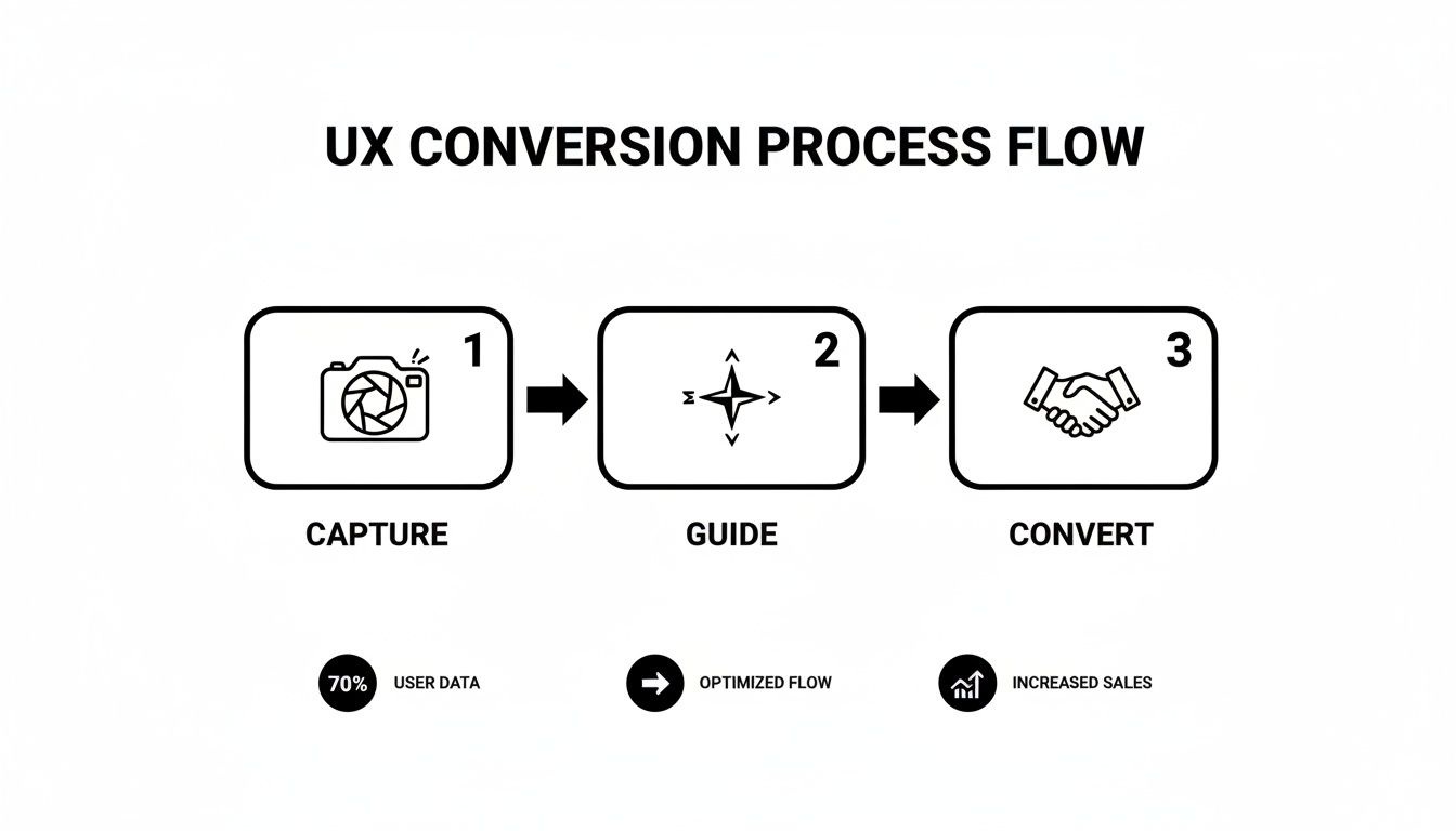 A UX conversion process flow outlining three steps: Capture user data, Guide, and Convert for sales.