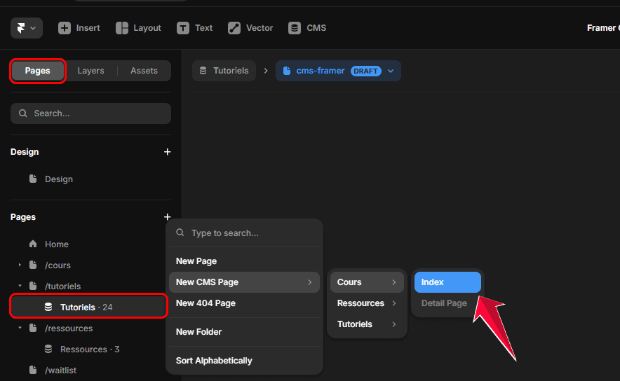 Création d’une page index CMS dans Framer pour afficher la liste des contenus