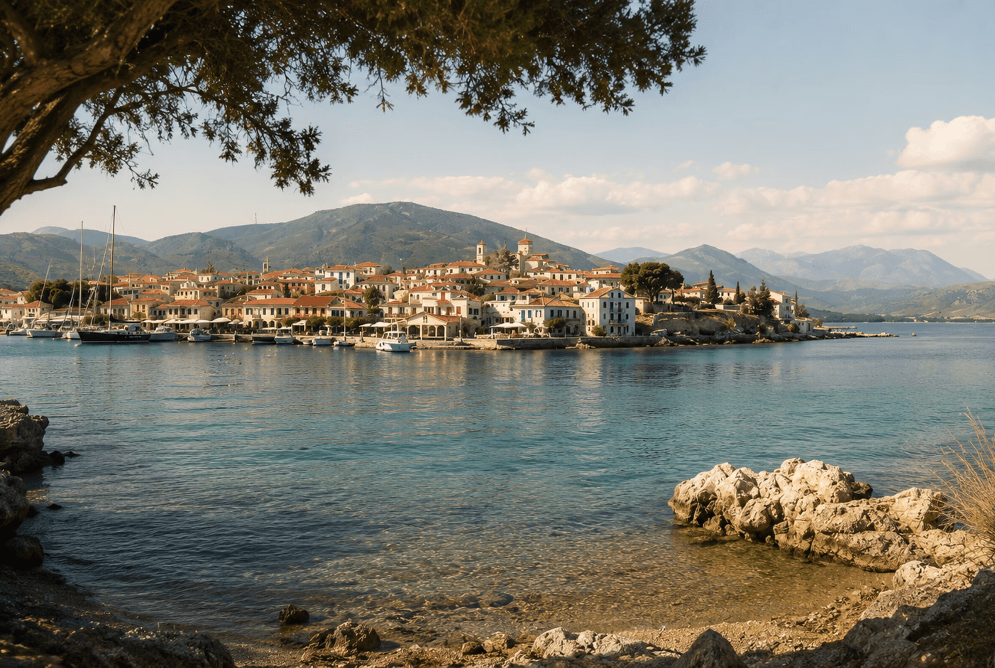 A scenic landscape view of a coastal Mediterranean village situated on a peninsula across a calm blue bay. The village features traditional whitewashed buildings with terracotta roofs, nestled beneath rolling green hills and mountains. The foreground showcases a rocky, rustic shoreline with clear, shallow water, framed under the shade of overhanging tree branches.